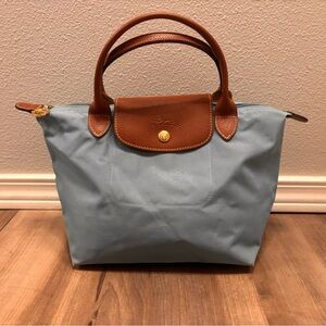 Longchamp Blue Tote with Brown Handles